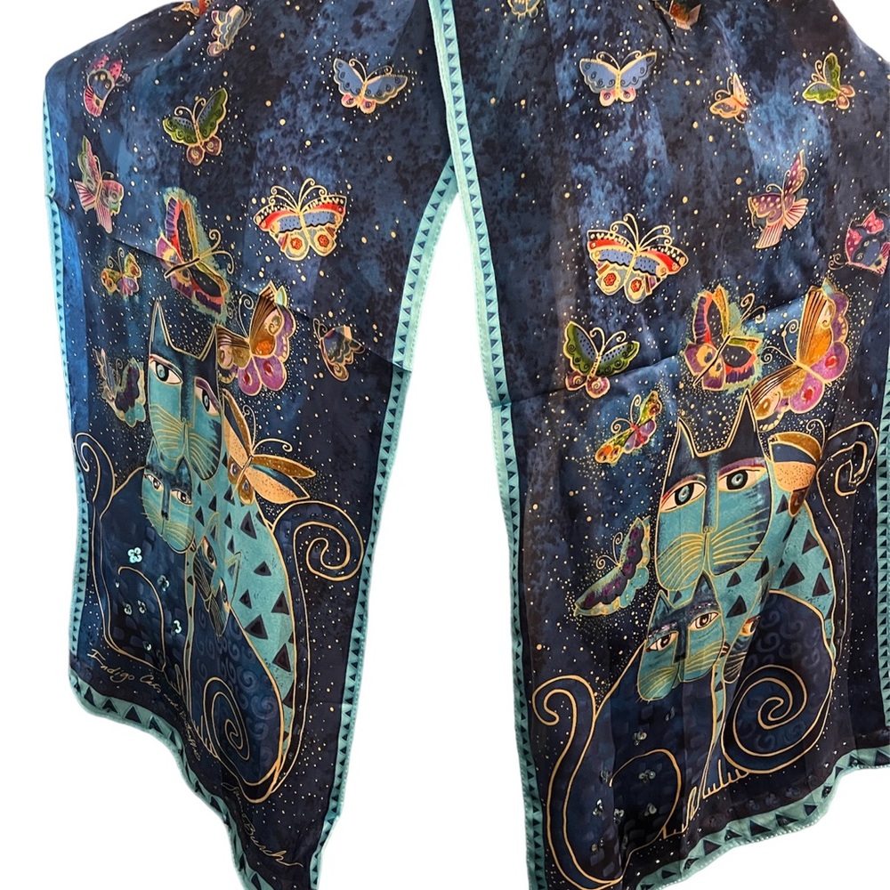 *Sold* Laurel Burch Indigo Cats and Butterflies 100% Silk Oblong Scarf 53 X 11! - Picture 2 of 12